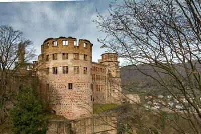 Heidelberg castle ruins overlooking the Neckar river with baroque architecture